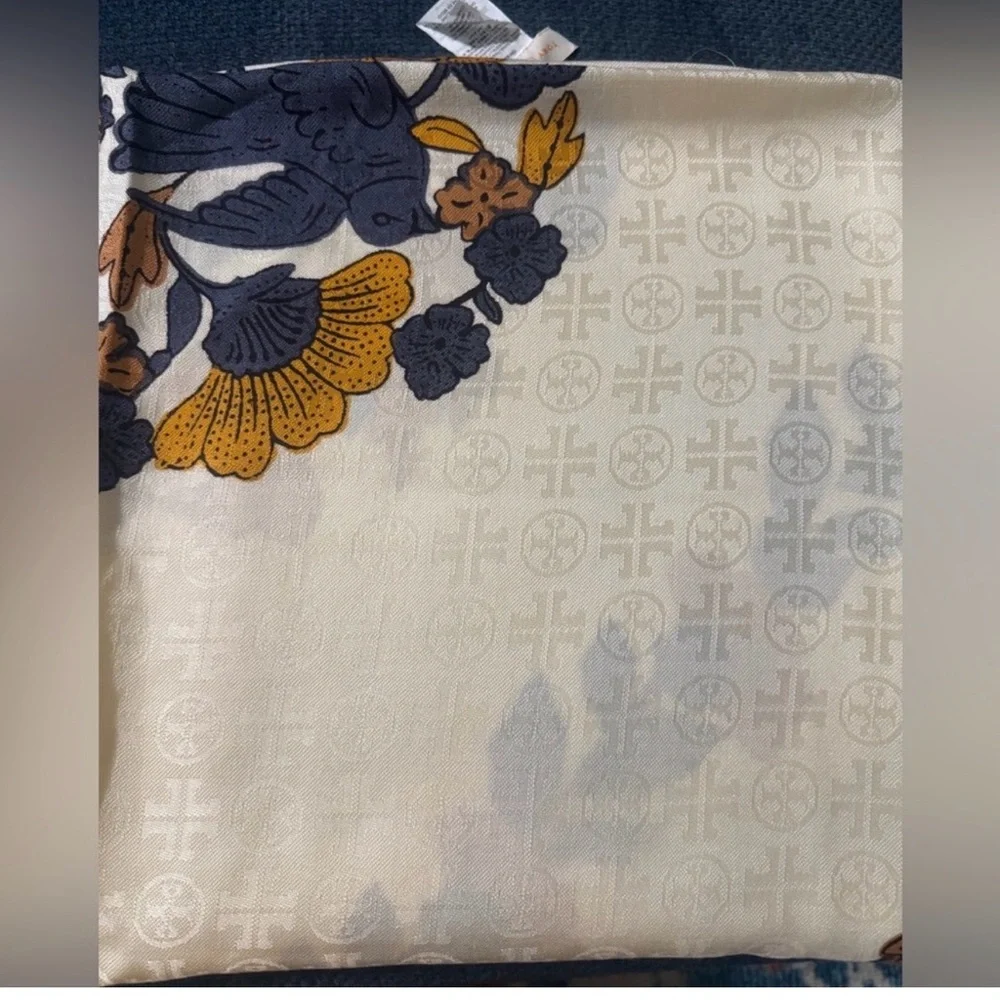 Tory Burch Cream Floral Scarf with Mustard and Navy Blooms - Picture 5 of 5